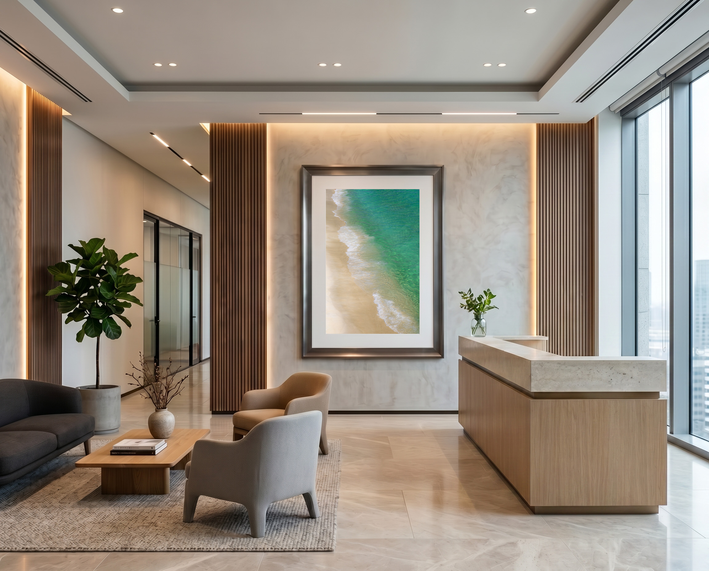 Corporate reception area with framed aerial beach photograph